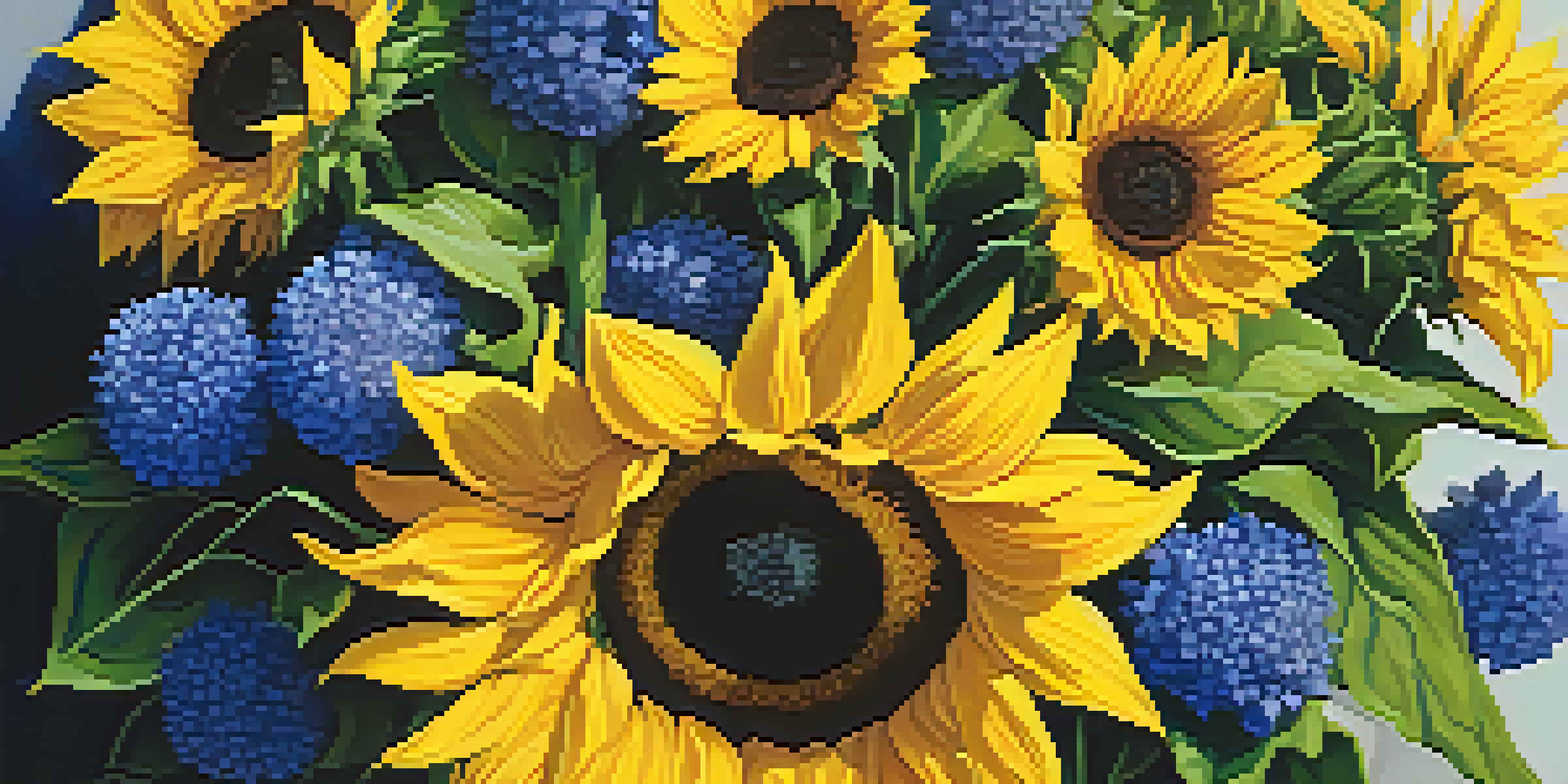 A colorful floral arrangement with tall sunflowers and blue delphiniums, set against a blurred green background.