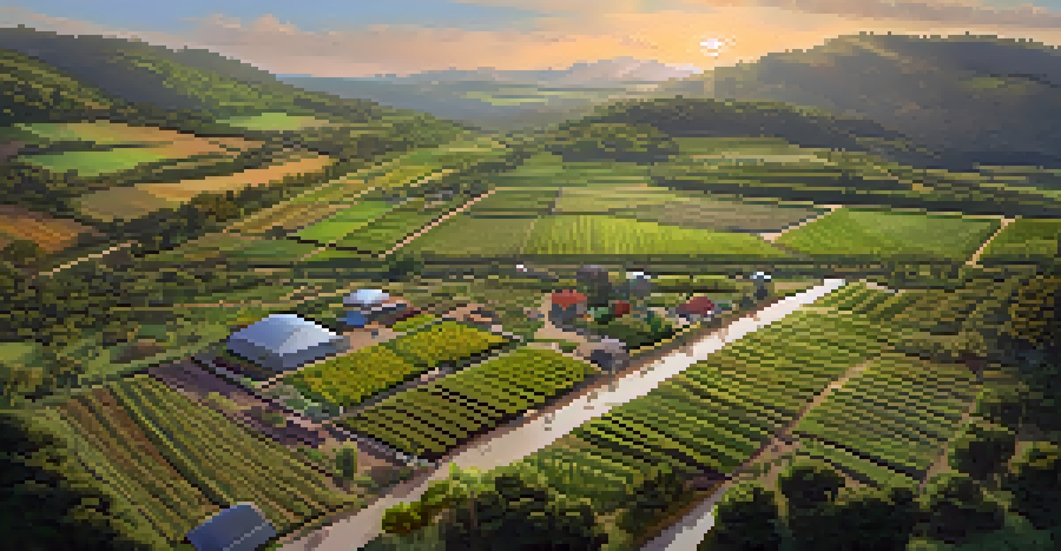 An aerial view of a sustainable farm with diverse crops, fruit trees, and rainwater systems surrounded by hills and a sunset.