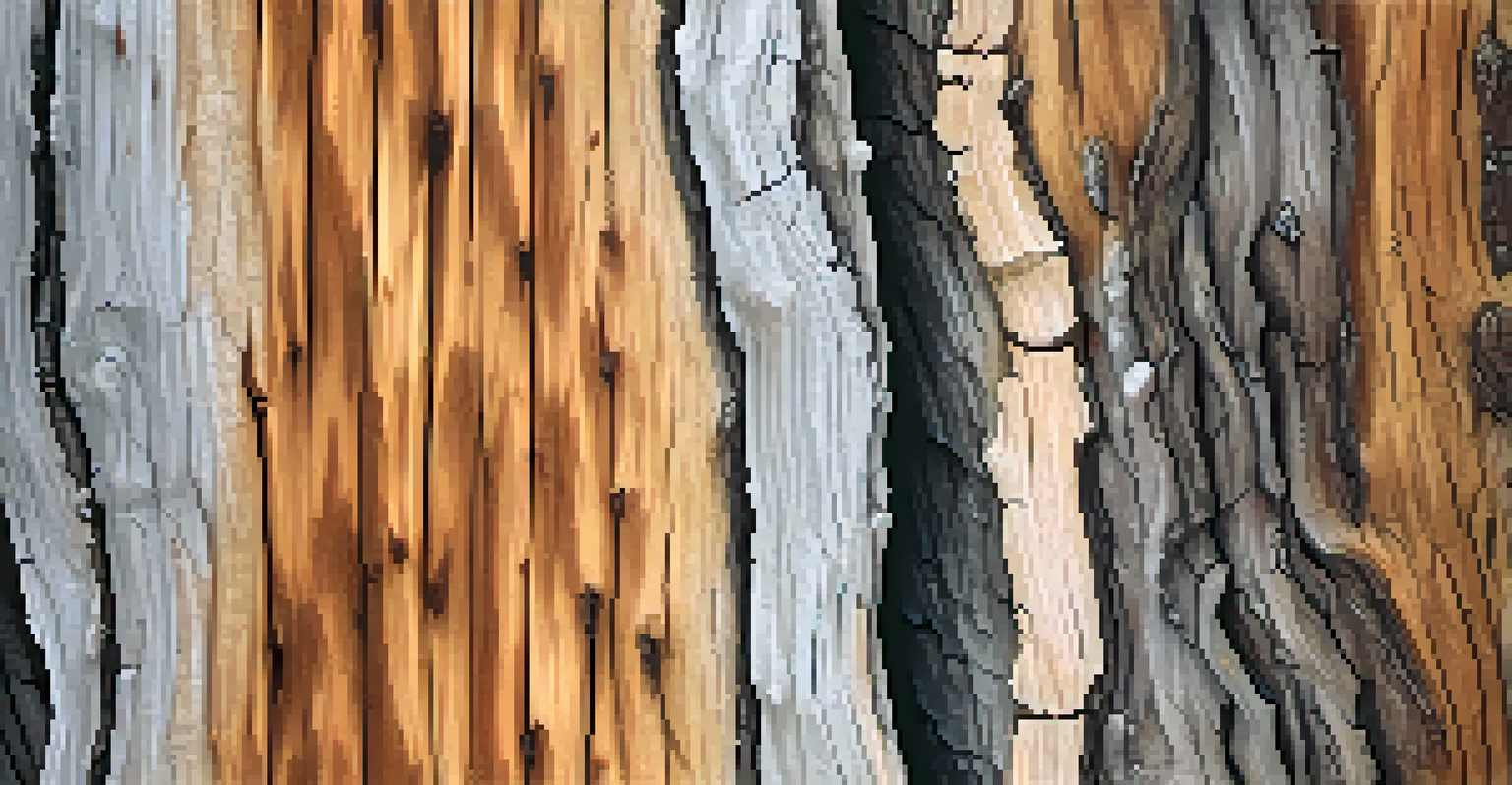 Close-up of two types of tree bark, one smooth gray from a beech tree and one rugged from an oak tree, showcasing unique textures.