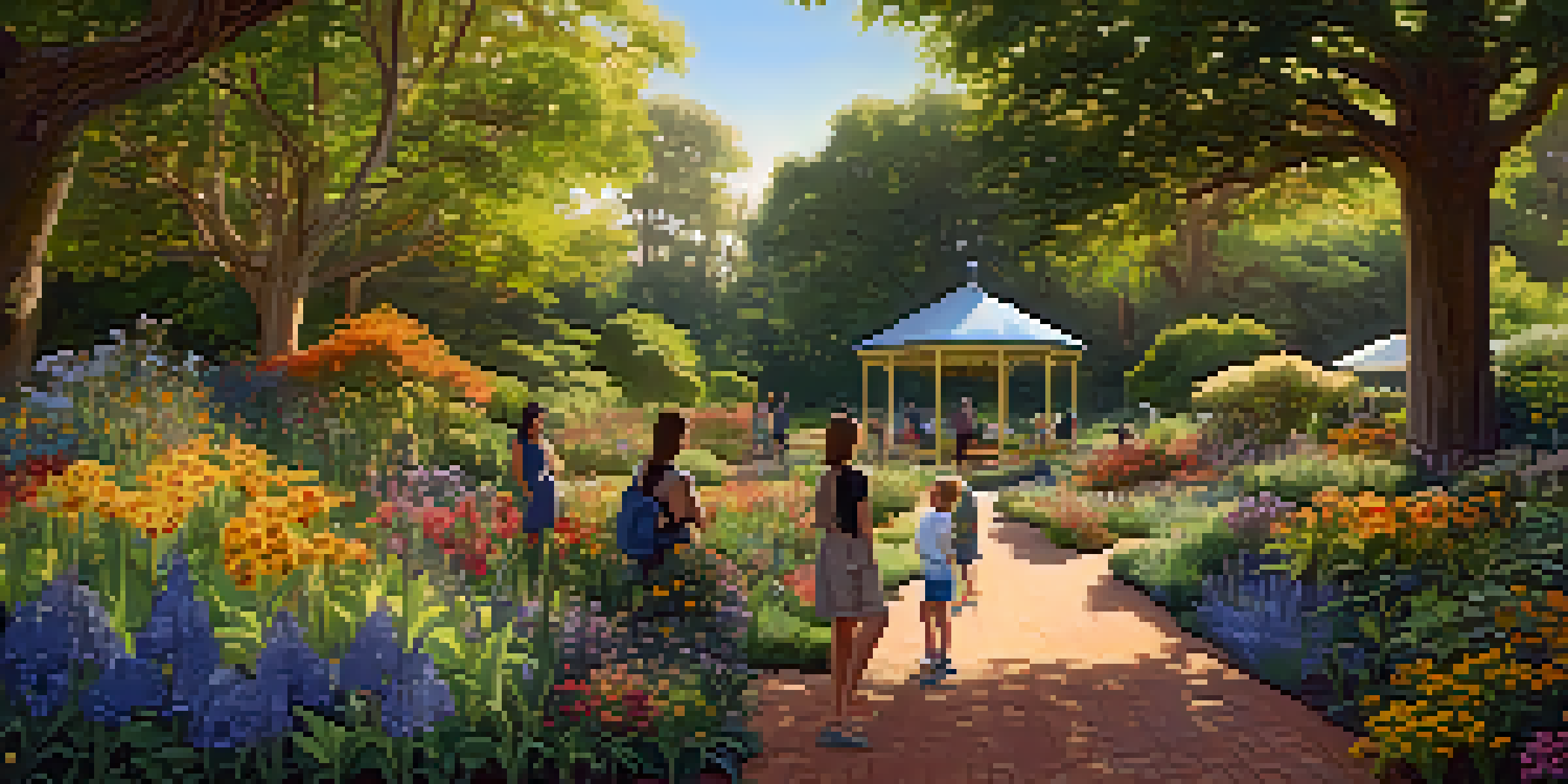 A colorful botanical garden filled with native plants, sunlight filtering through the leaves, and visitors admiring the flowers with bees and butterflies present.