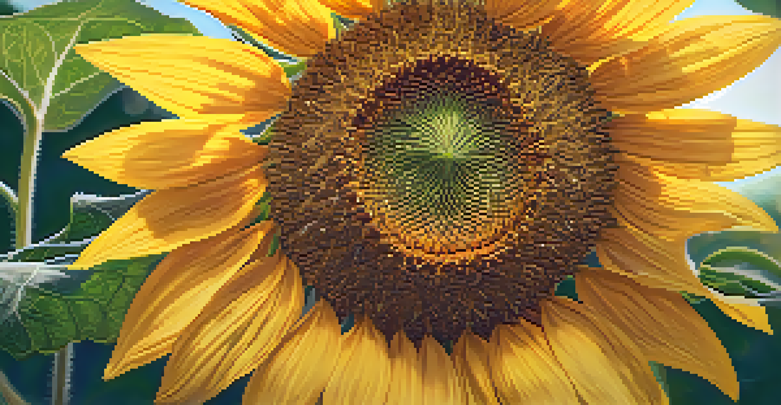 A close-up of a bright sunflower in full bloom, with detailed petals and seeds, set against a blurred background of other flowers and greenery.