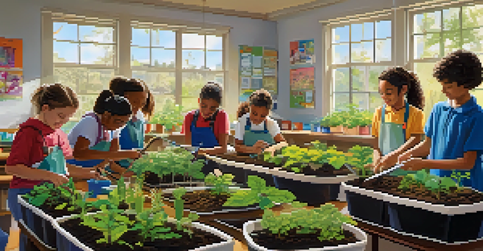 A bright classroom with students planting seeds in pots, showcasing diversity and engagement in plant science.