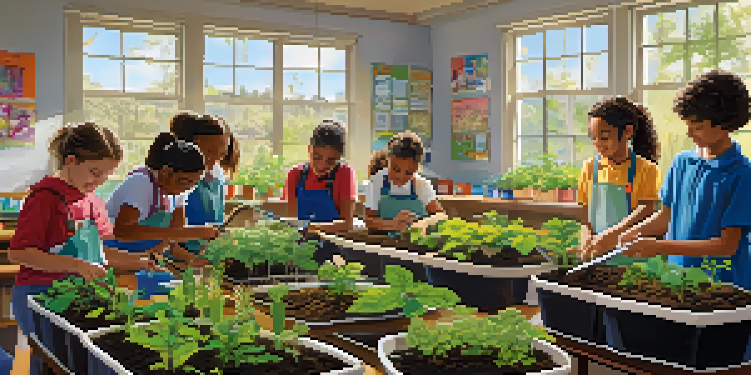A bright classroom with students planting seeds in pots, showcasing diversity and engagement in plant science.
