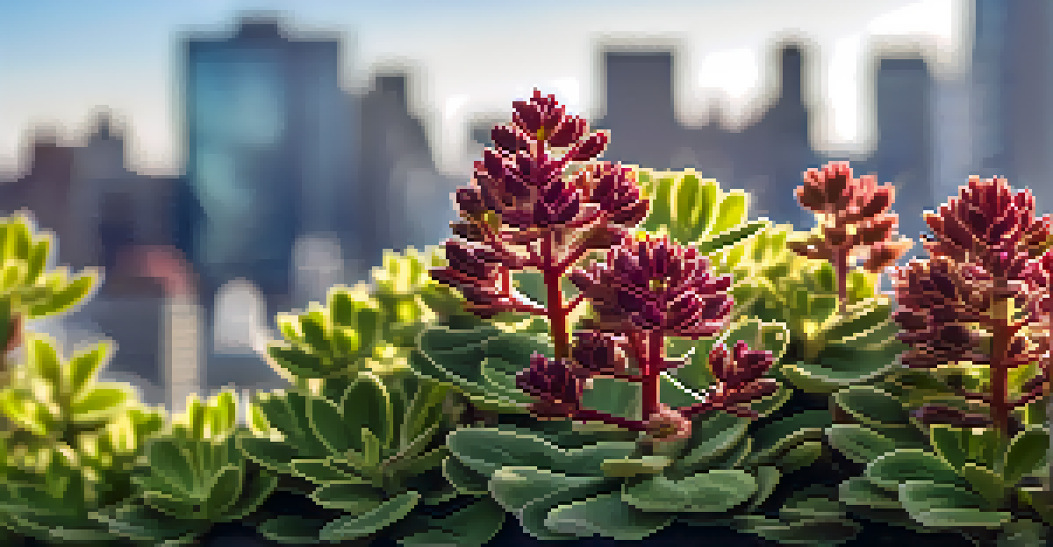 A close-up of a thriving sedum plant with detailed leaves and flowers, set against a blurred city skyline.