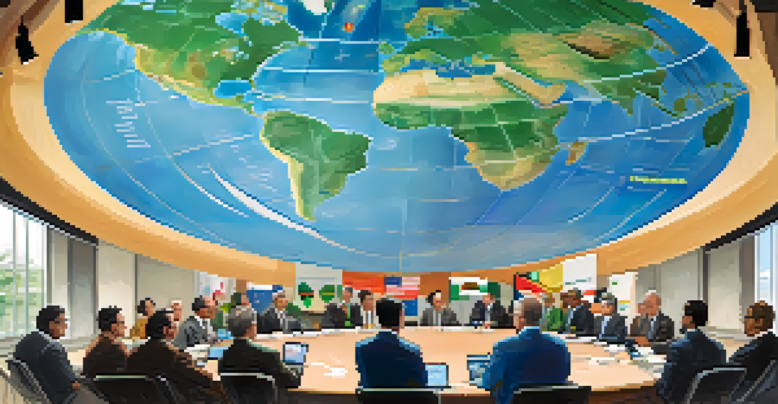 An international meeting room with representatives from various countries discussing plant protection strategies around a circular table.