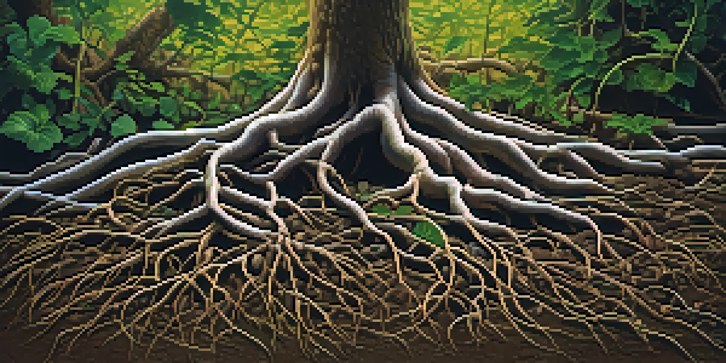 A detailed view of plant roots in dark soil, surrounded by colorful microorganisms, highlighting nutrient interactions.