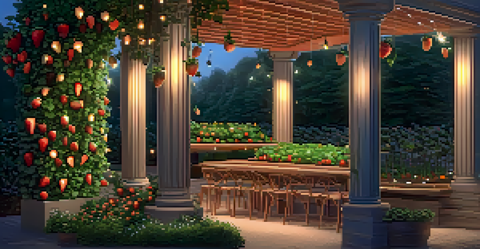 An outdoor vertical garden tower with strawberries and tomatoes, illuminated by soft evening light and decorative fairy lights.