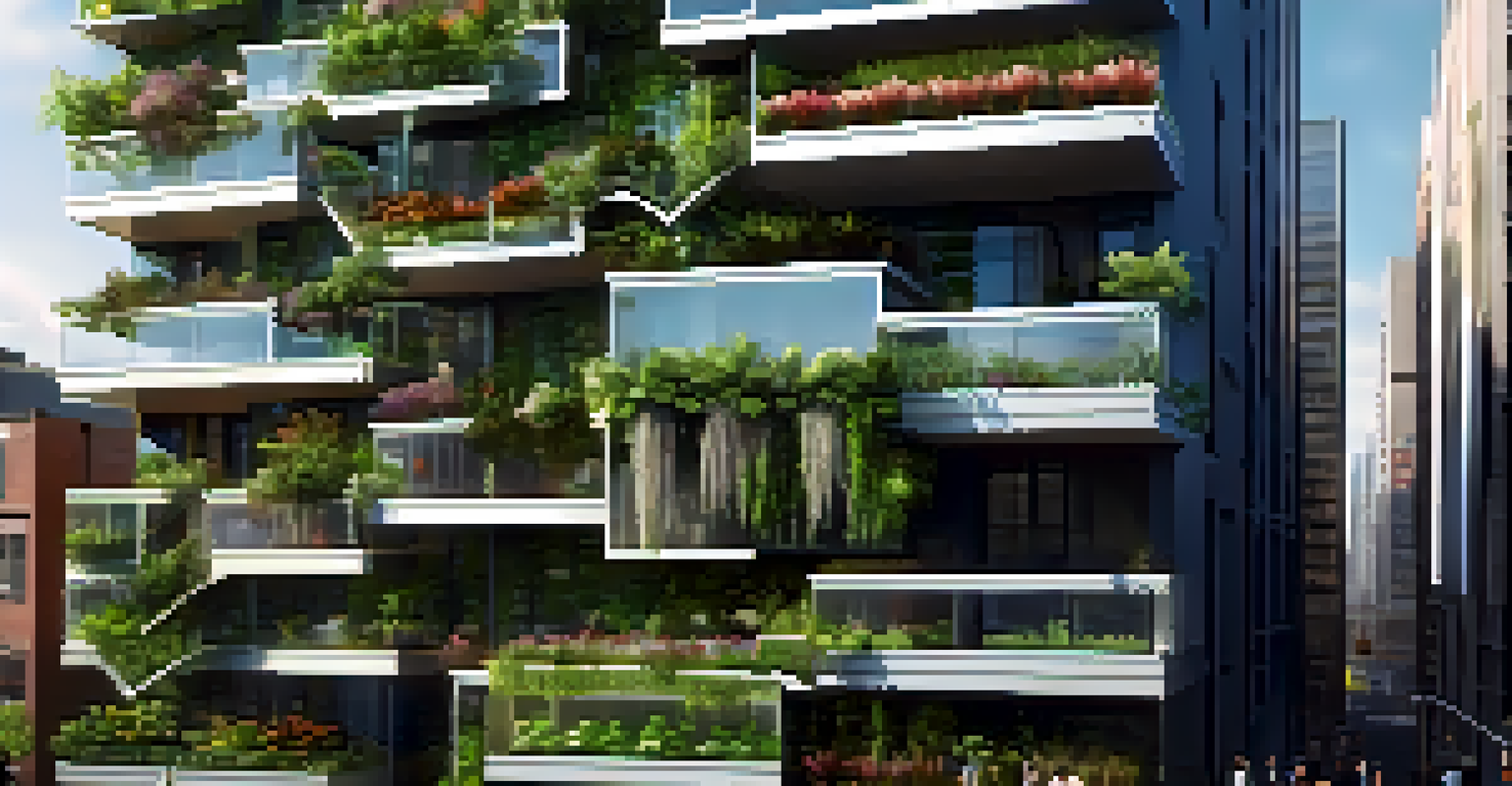 A residential building with a vertical garden, surrounded by a lively urban environment, under a sunny sky.