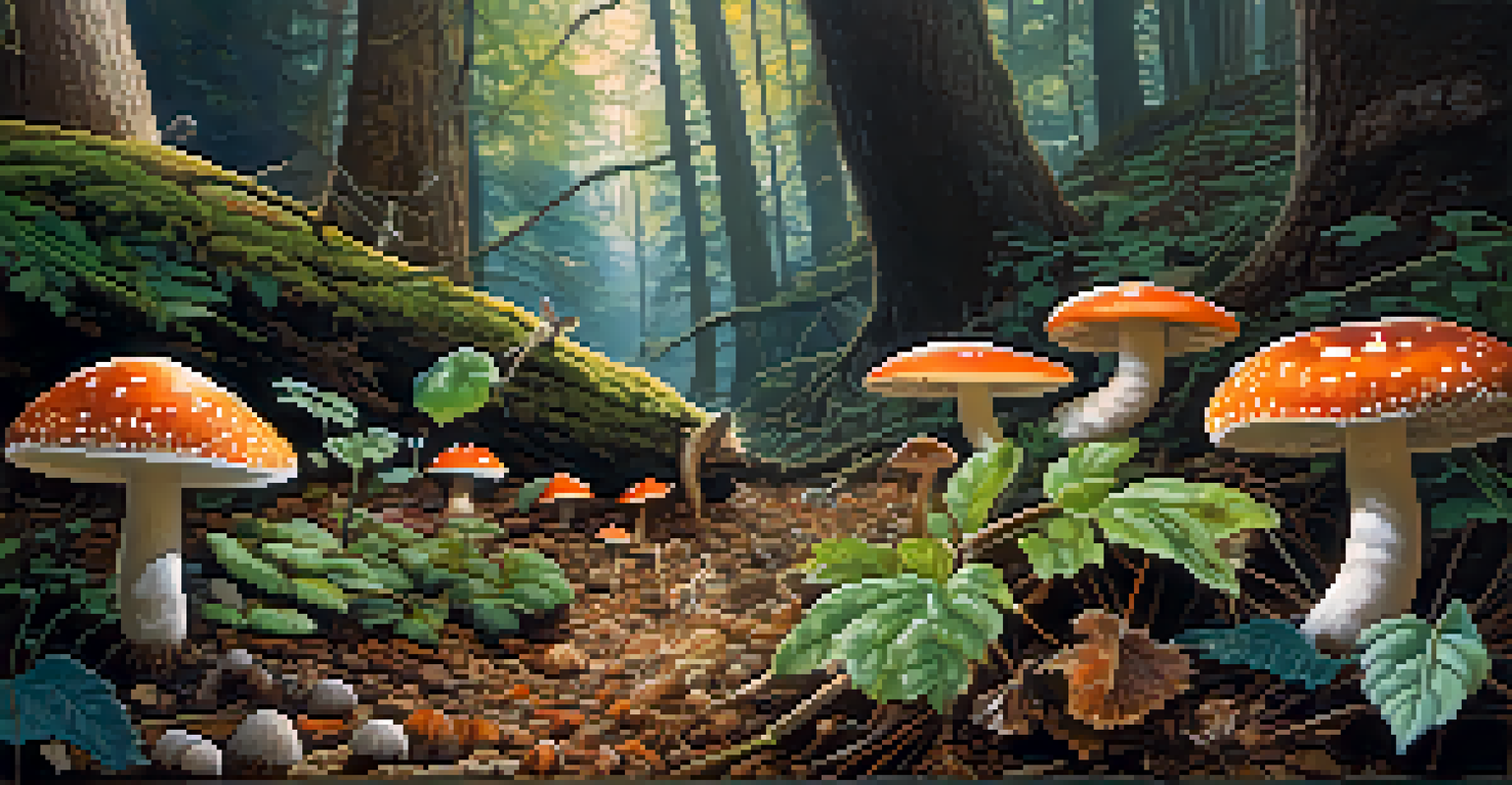 A close-up view of a forest floor with diverse plants, fungi, and sunlight illuminating the textures.
