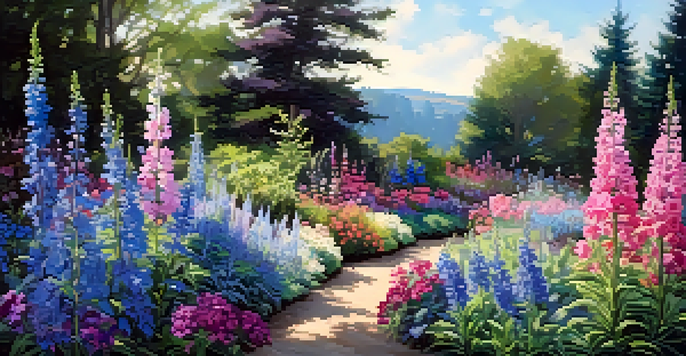 A colorful perennial garden filled with blooming delphiniums and sedums, under warm sunlight with bees and butterflies.