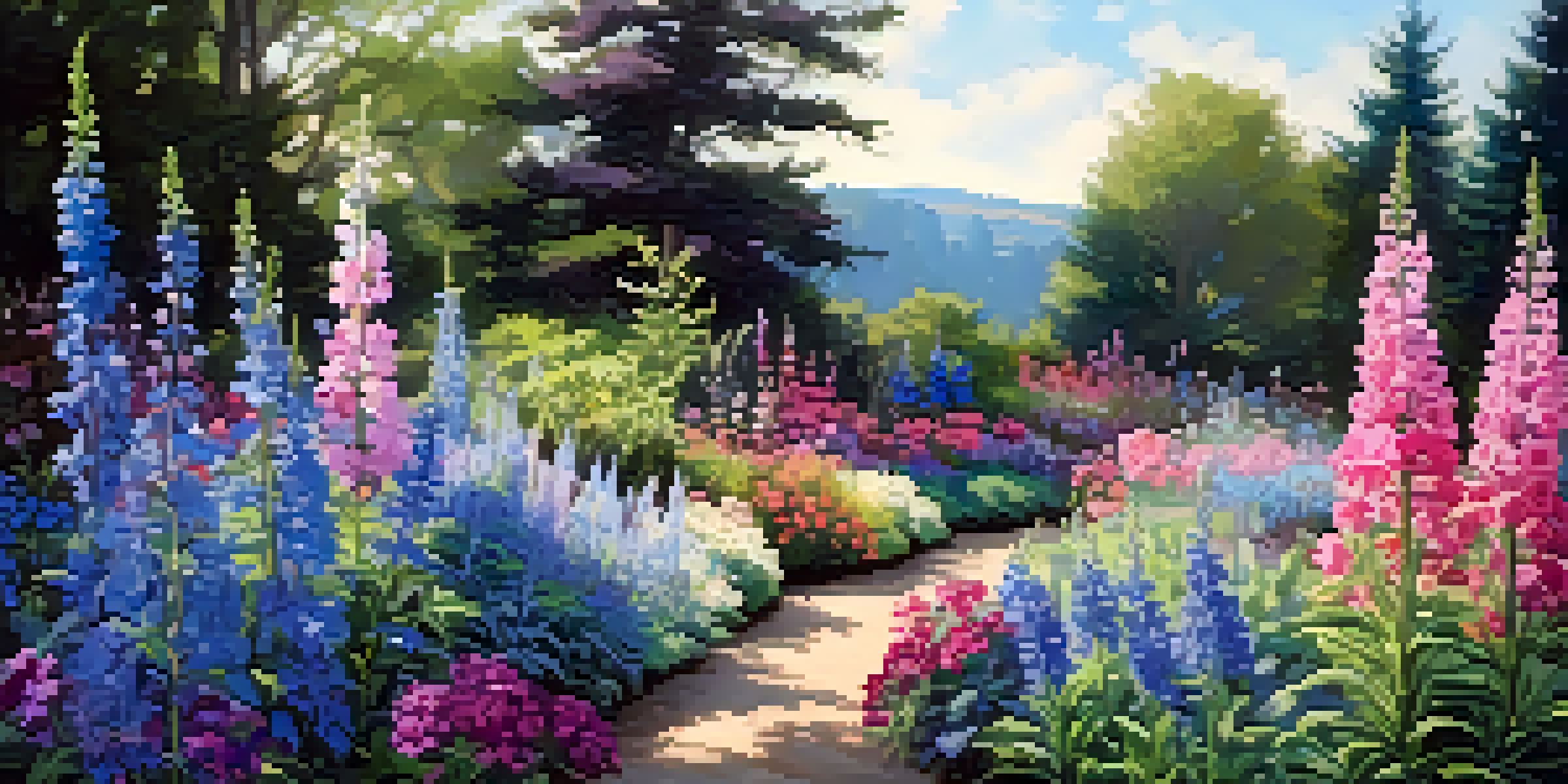 A colorful perennial garden filled with blooming delphiniums and sedums, under warm sunlight with bees and butterflies.
