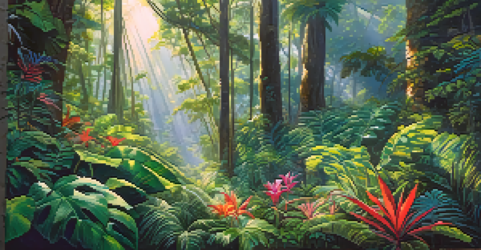 Aerial view of a lush tropical forest, showing broad-leaved plants and colorful flowers under sunlight filtering through the canopy.