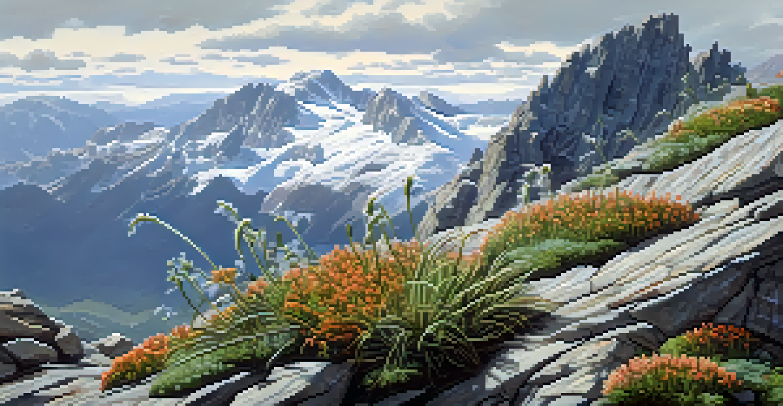 An illustration of alpine plants on a cliffside, showing their compact forms among rocks and snow, with winds indicated in the surrounding grass.