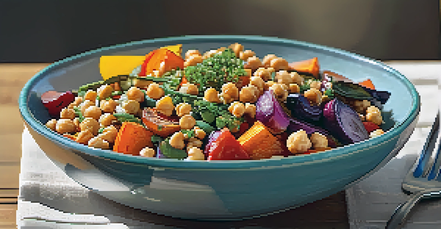 A vibrant grain bowl filled with roasted vegetables, chickpeas, and seeds, presented on a wooden table with a glass of infused water.