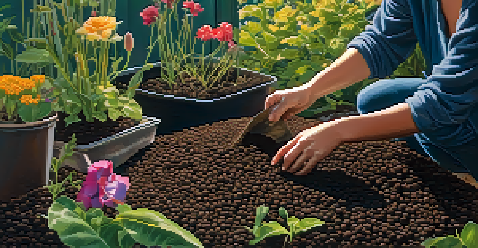 Close-up of hands planting seeds in dark soil with native plants and a compost bin in the background, illuminated by soft morning light.