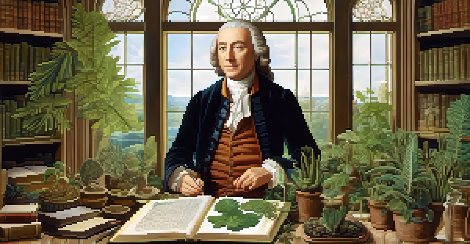 Carl Linnaeus in a study surrounded by plant specimens and an open book on plant classification.