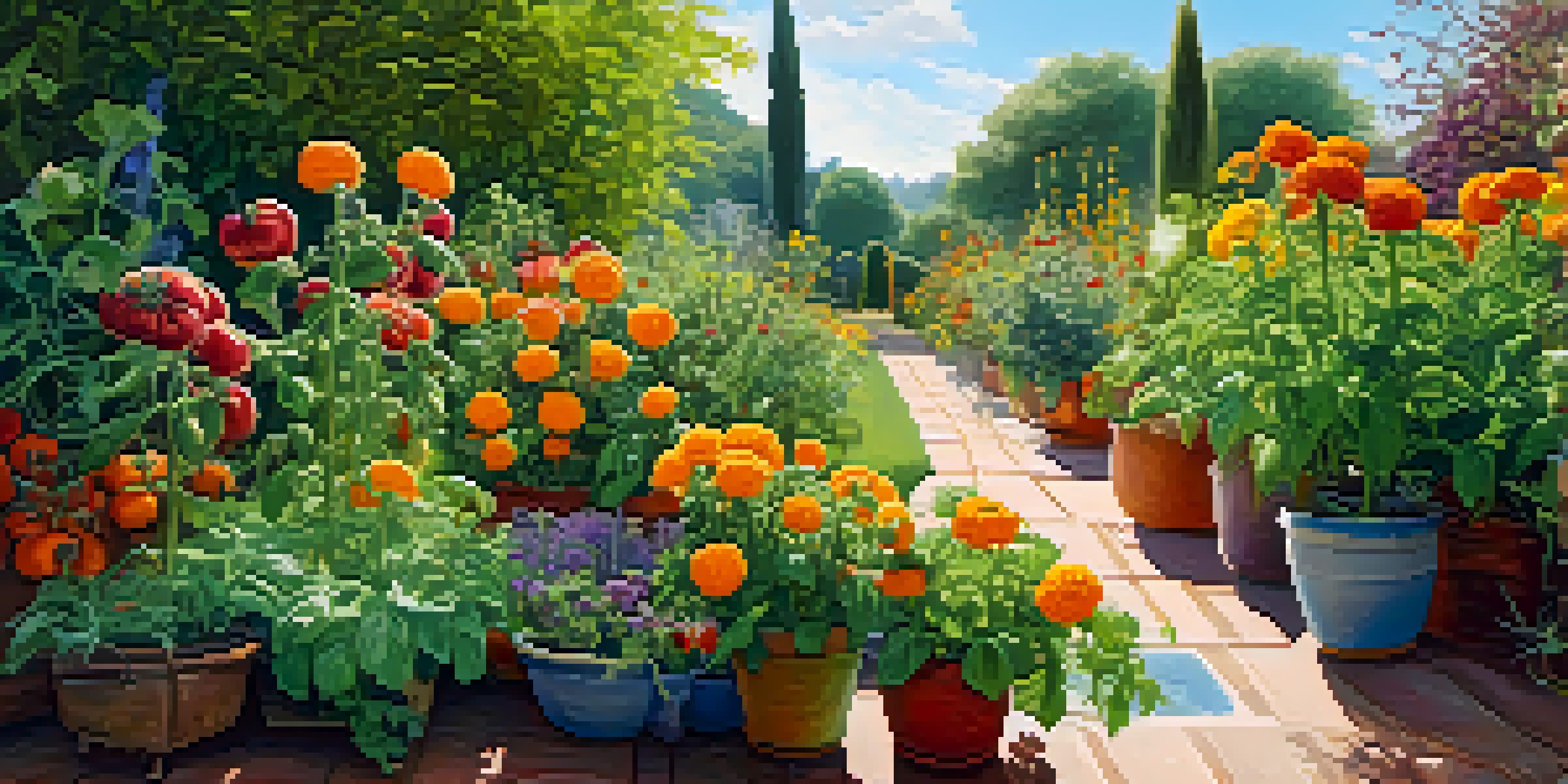 A colorful garden with tomatoes and basil planted together, surrounded by marigolds under a clear blue sky, showcasing a thriving ecosystem.