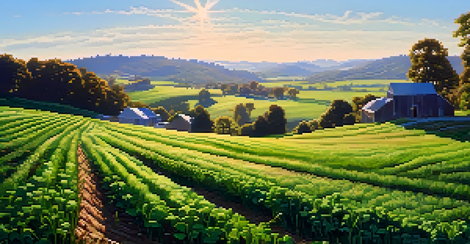 A lush green field with clover and rye cover crops under a clear blue sky, showcasing the healthy texture of the plants and rich soil.