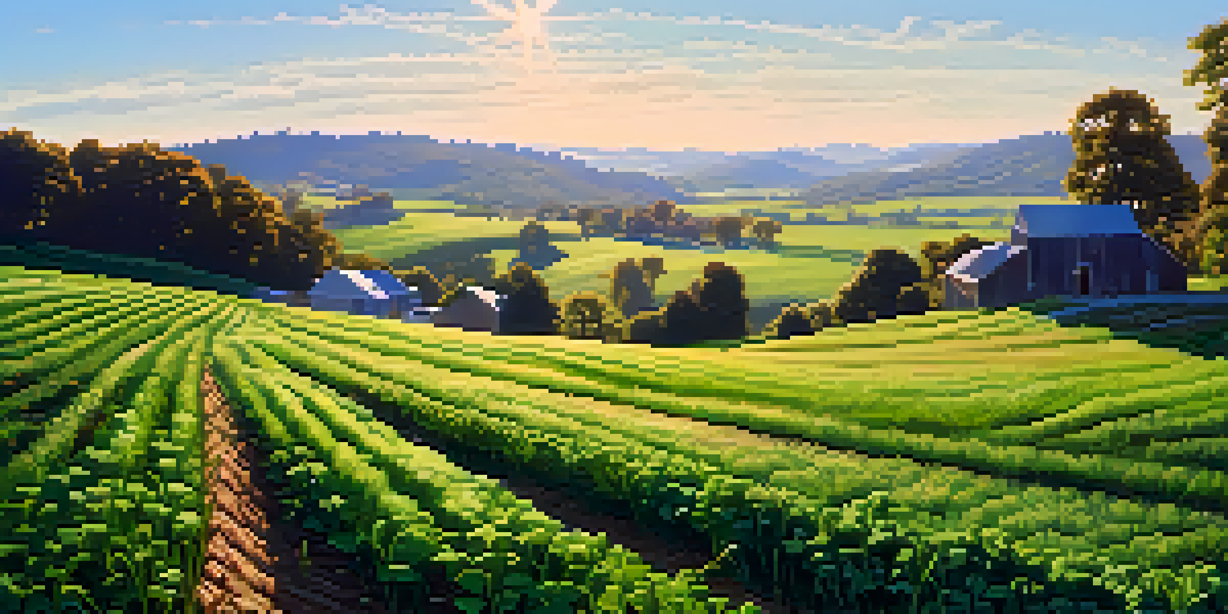 A lush green field with clover and rye cover crops under a clear blue sky, showcasing the healthy texture of the plants and rich soil.