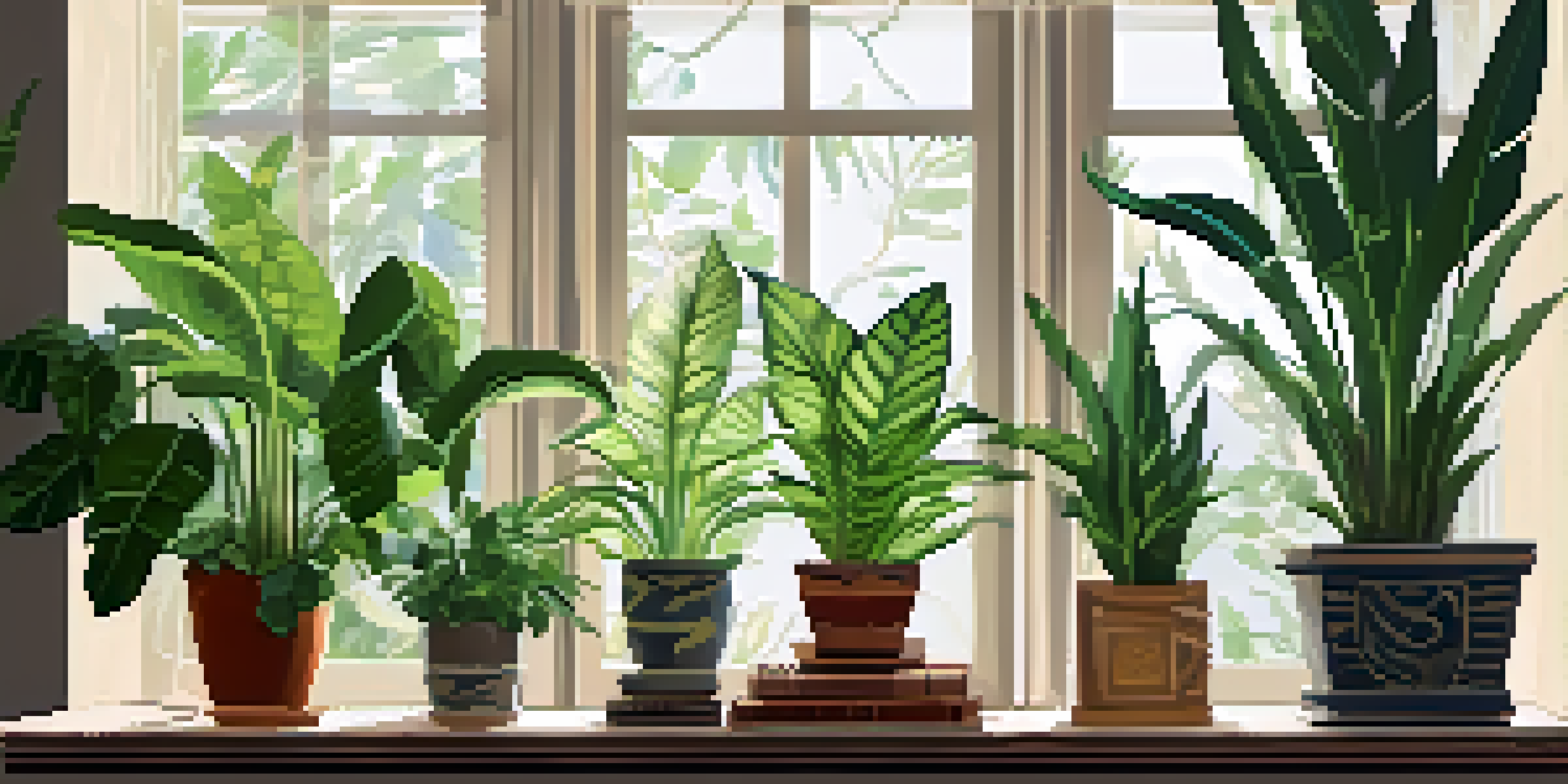 A cozy indoor garden with various green plants on a wooden shelf beside a bright window, featuring sunlight filtering through sheer curtains.