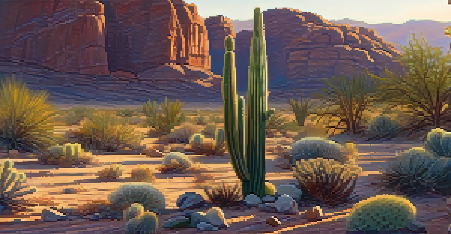 A tall ribbed cactus in the early morning sun, surrounded by rocky terrain and small desert plants.