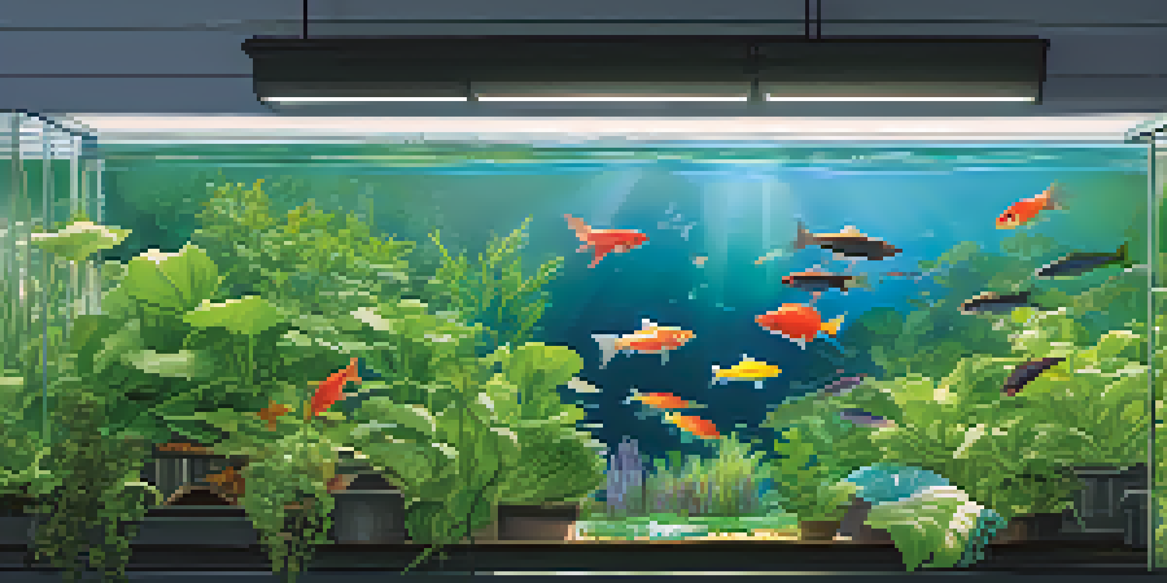 An aquaponics system with lush green plants and colorful fish in clear water, illuminated by natural light.