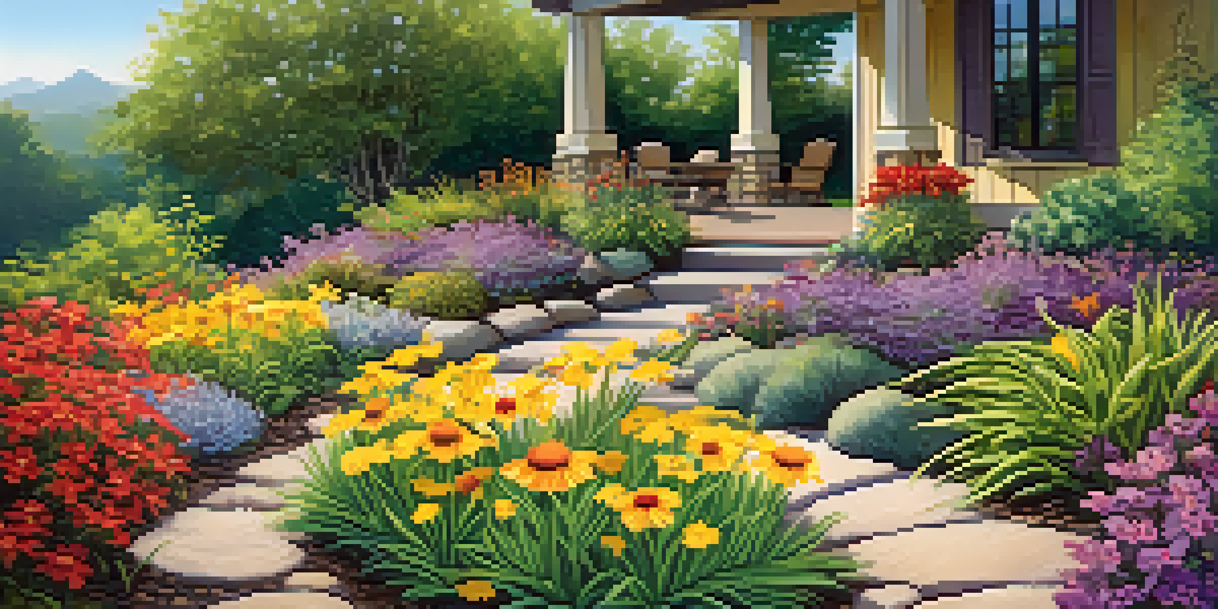 A colorful water-smart garden with native perennials in bloom, including purple, yellow, and red flowers, surrounded by mulch paths and stones under bright sunlight.