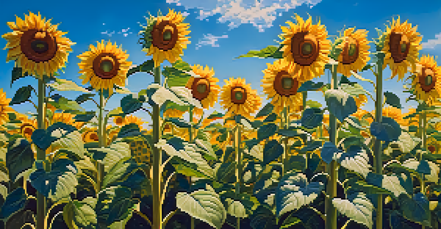A vibrant field of tall sunflowers with yellow heads facing the blue sky, showcasing their height and green leaves.