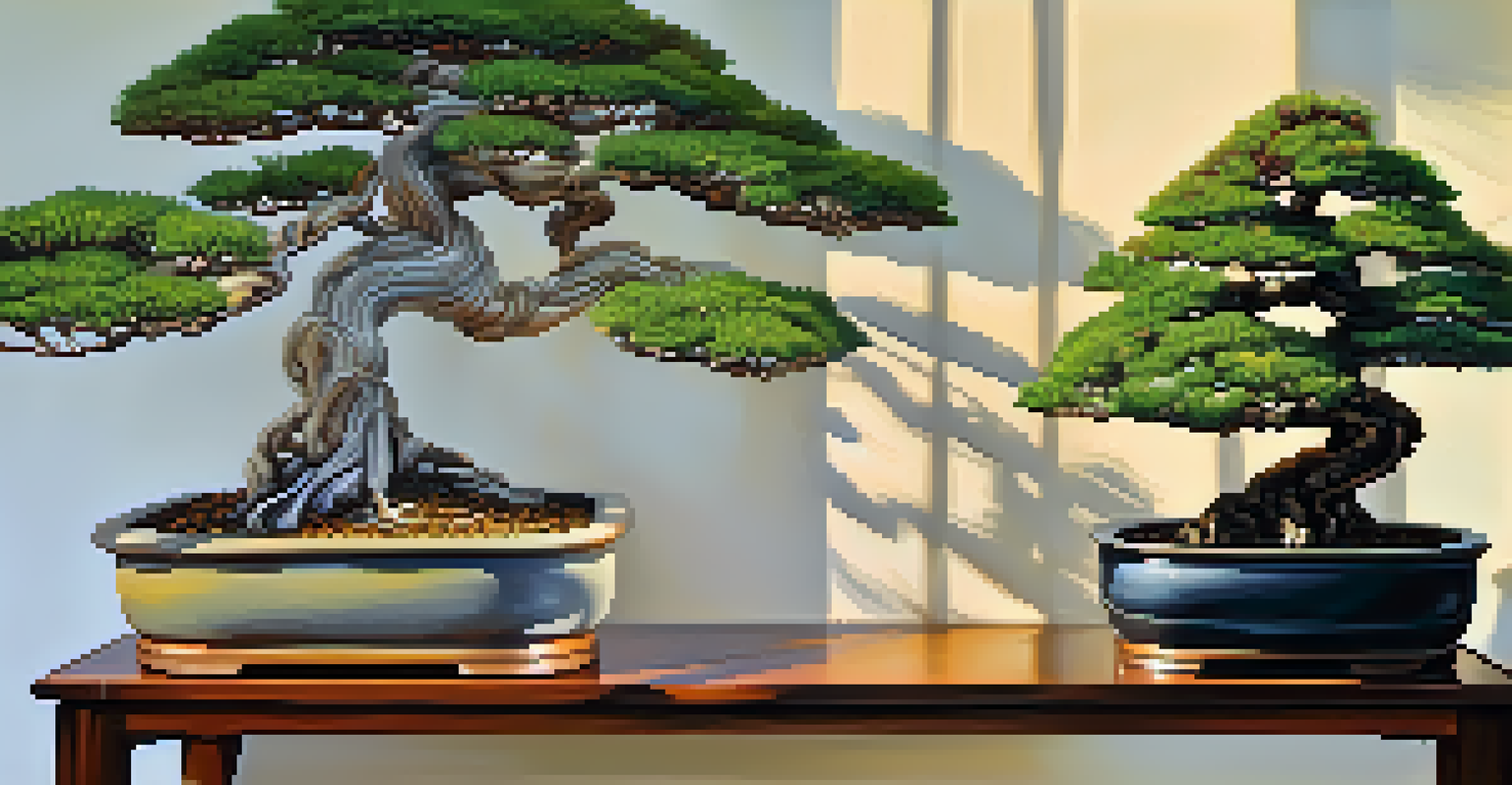 A beautifully arranged bonsai tree with different wiring materials displayed beside it on a wooden table.