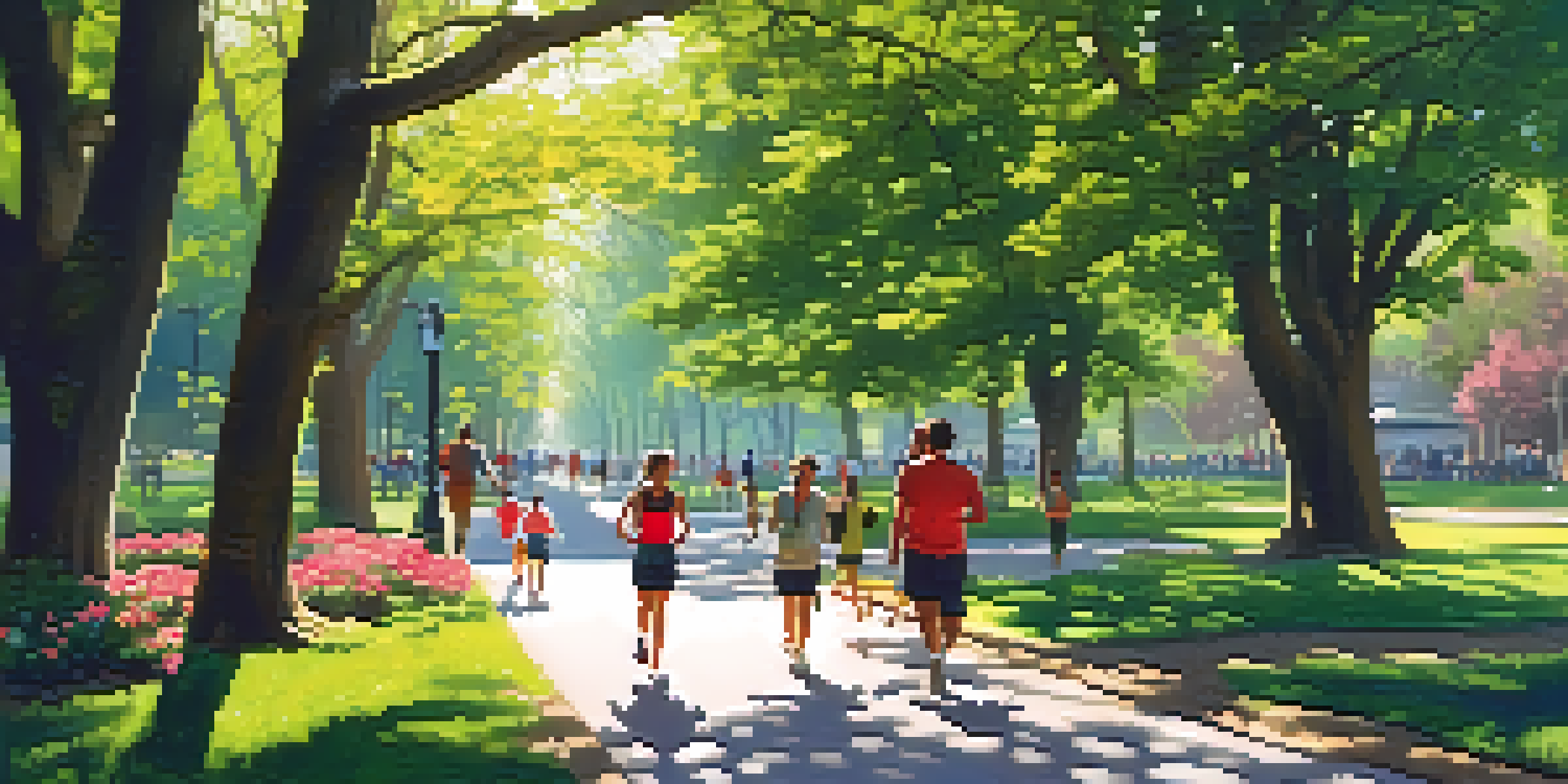 A lively urban park with tall trees, sunlight filtering through leaves, and people enjoying the space.