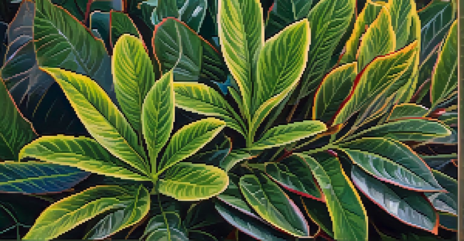 A detailed close-up of a unique plant showcasing intricate leaf patterns and vibrant colors.