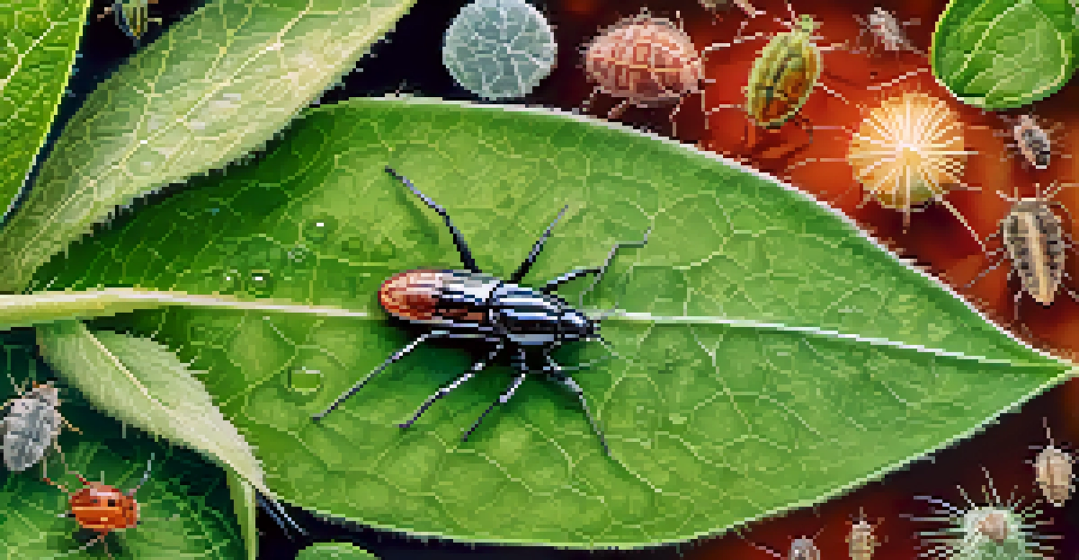 Close-up view of common garden pests on a green leaf, showcasing intricate details and textures.