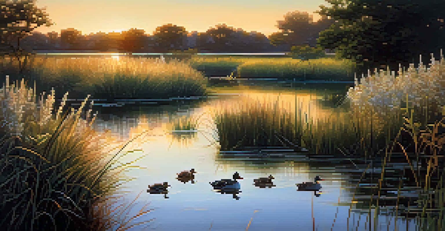 Restored wetland with native plants and ducks swimming in the water during sunset.
