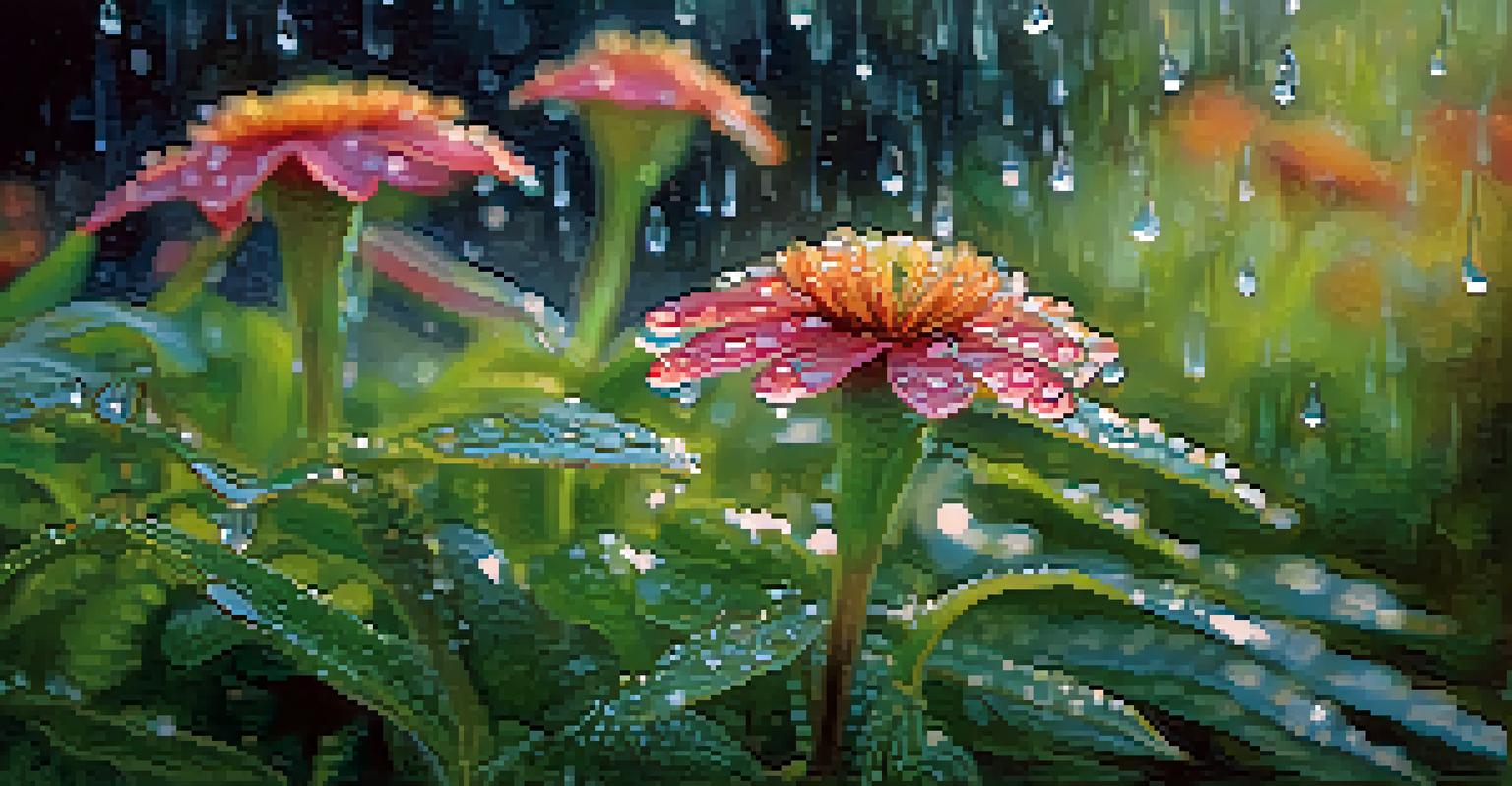 A close-up view of native plants in a rain garden, showcasing dew drops on petals and vibrant colors against a blurred background.