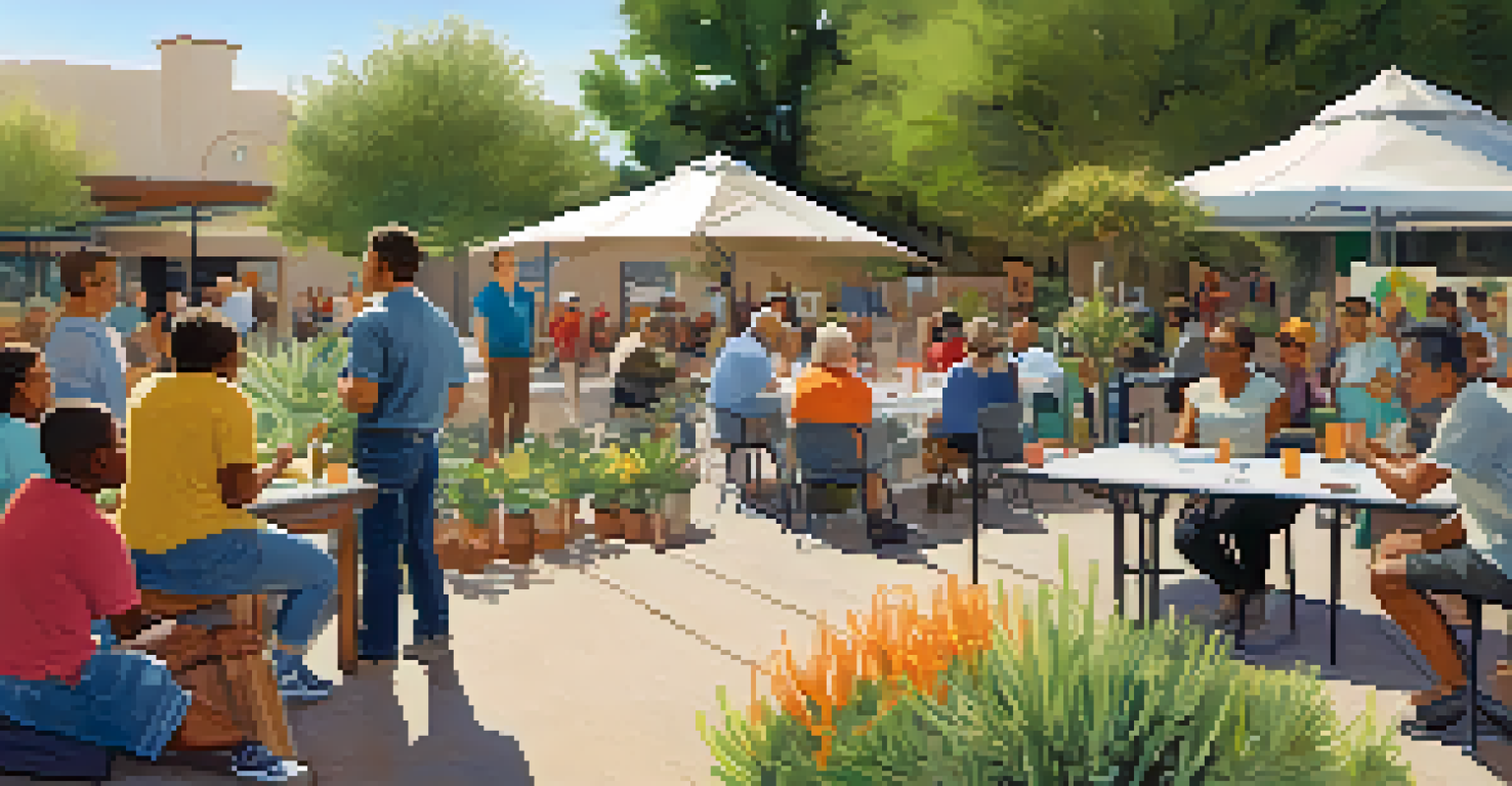 A community workshop outdoors focused on drought-resistant plants, with participants engaged in learning surrounded by various potted plants.