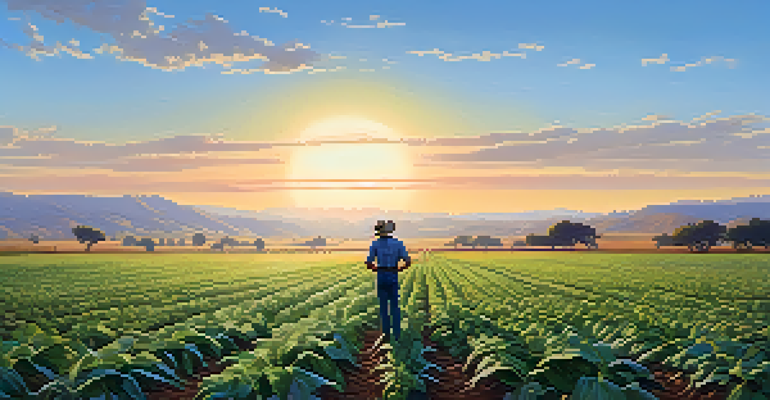 A farmer inspecting crops in a field under a clear blue sky, with subtle signs of drought stress, set against rolling hills and a warm sunset.