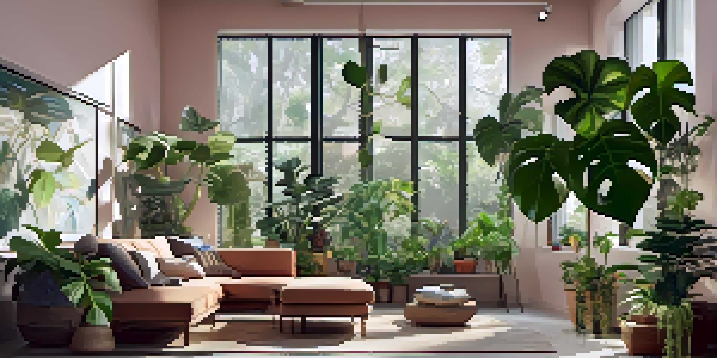 An indoor garden filled with tropical plants including a Monstera Deliciosa, Pothos in a hanging basket, and a tall Rubber Plant, illuminated by soft sunlight.