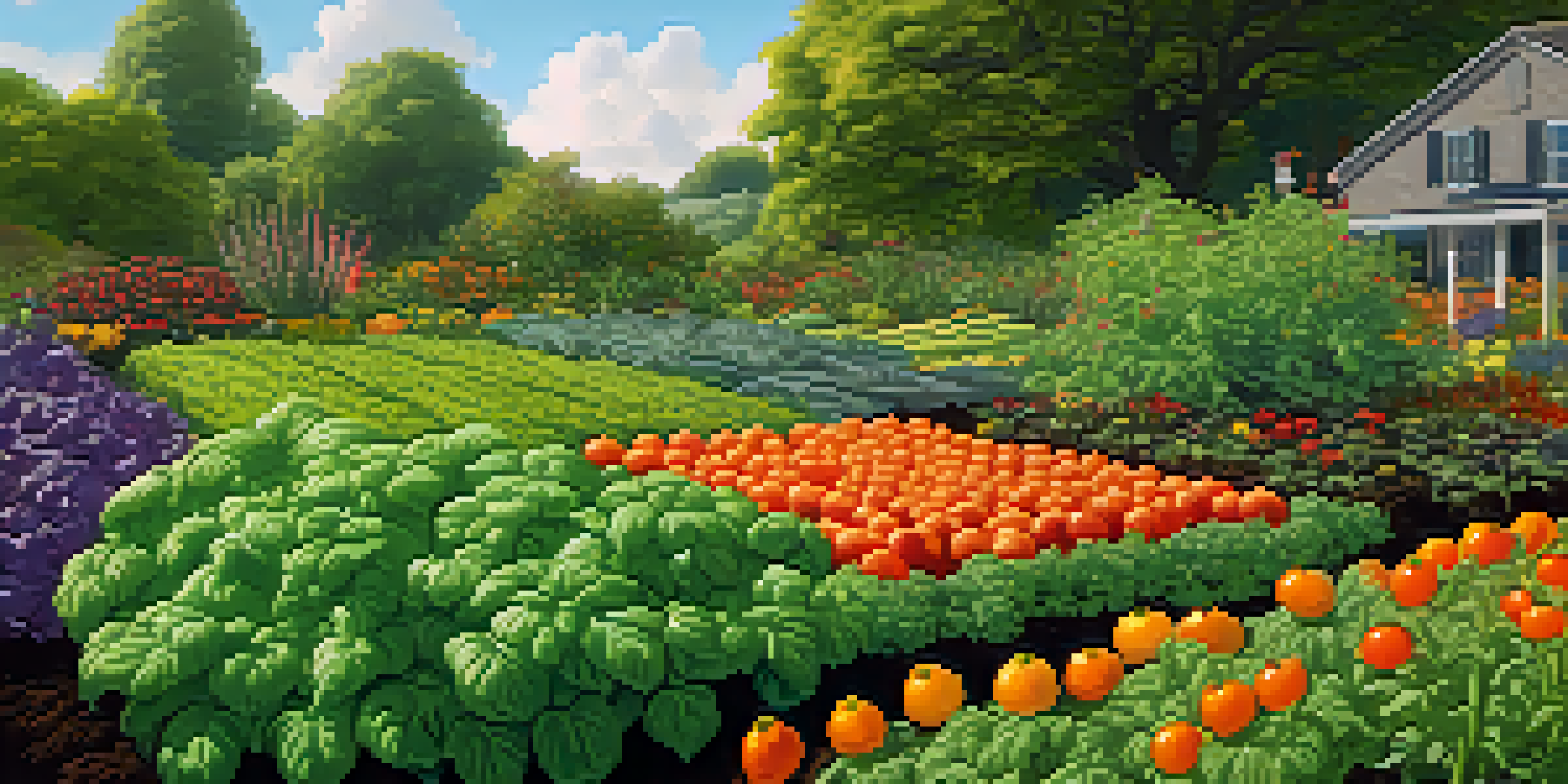 A vibrant garden with basil and tomatoes growing together, surrounded by carrots, onions, and marigolds under sunlight.