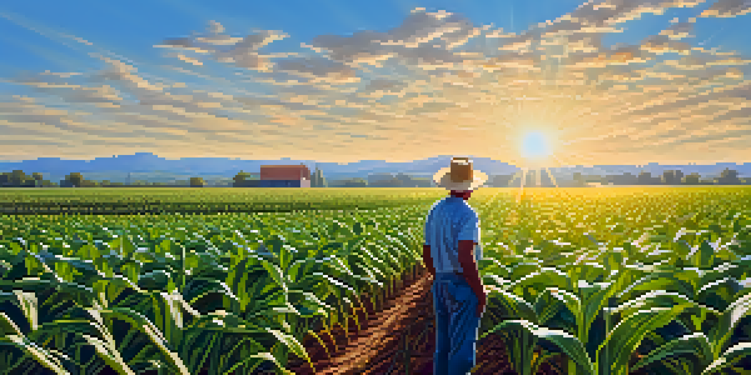 A farmer inspects a vibrant field of genetically modified corn crops under a clear blue sky.