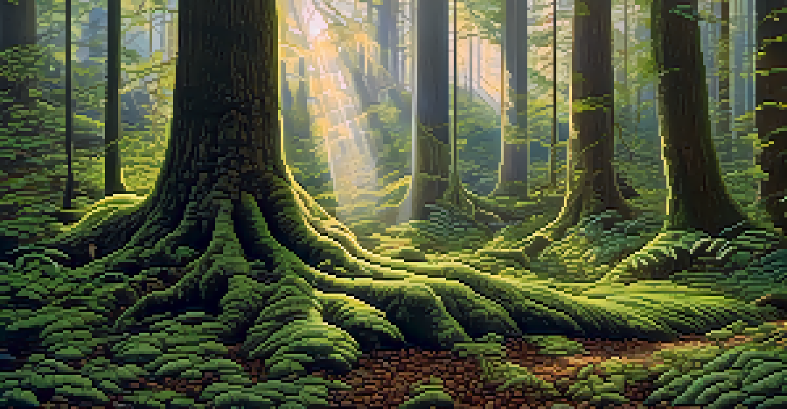 A forest with various trees showing mycorrhizal fungi at their roots, illuminated by dappled sunlight creating a green mosaic.