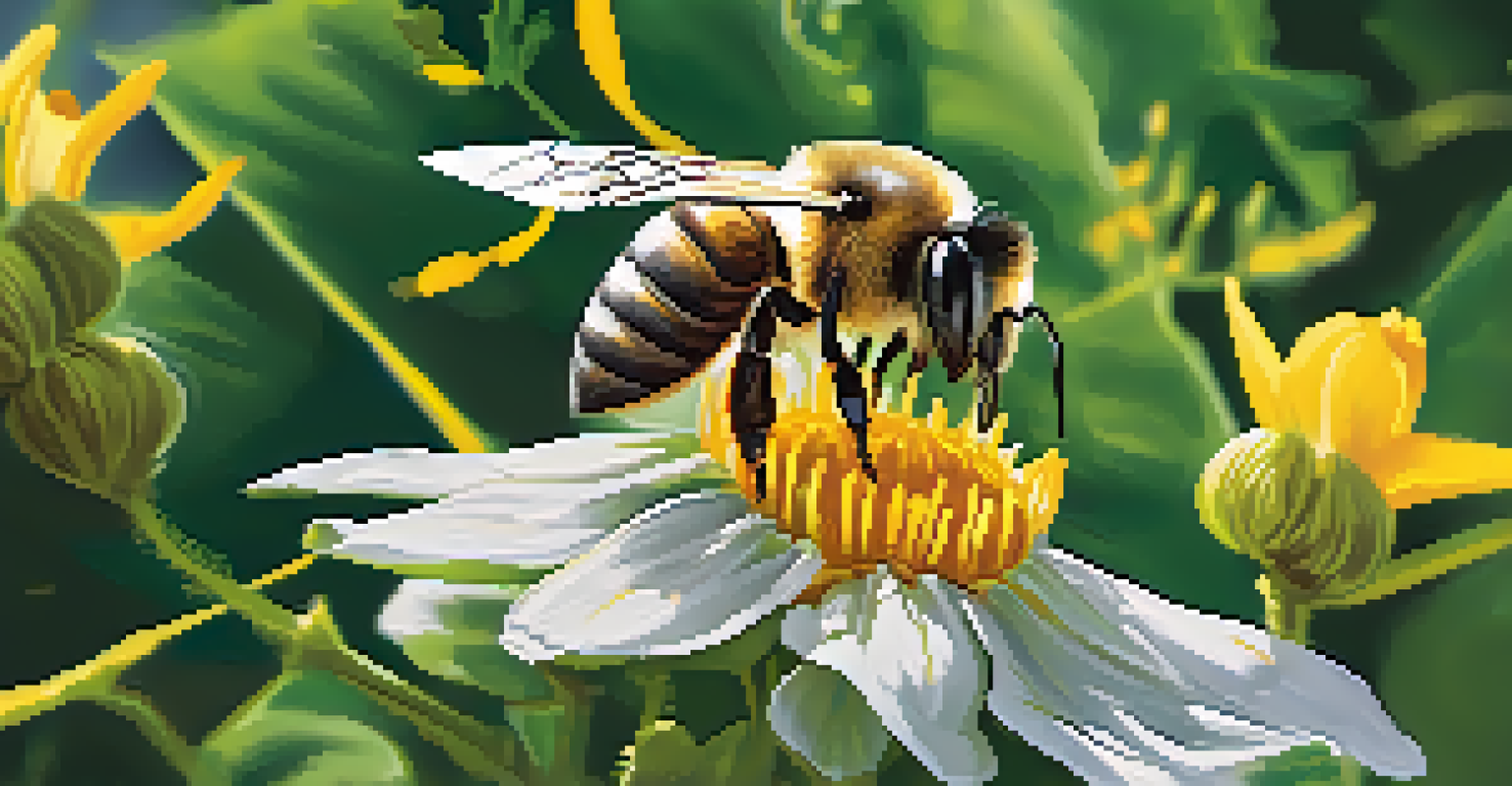 A bee hovering over a bright yellow flower, with pollen on its legs, surrounded by green leaves and a sunny background.