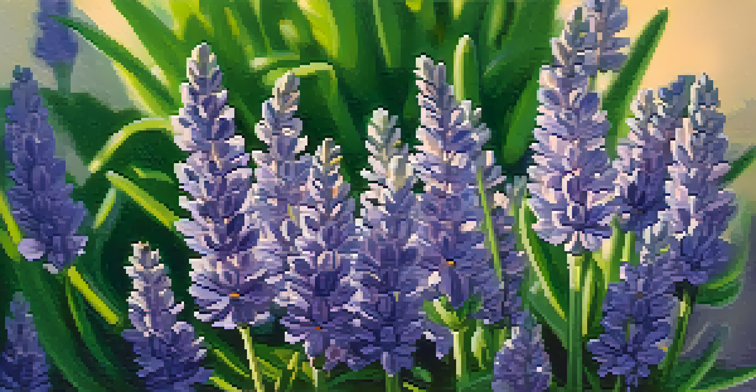 A close-up of a lavender plant in a decorative pot, highlighting its purple flowers against a blurred green background.