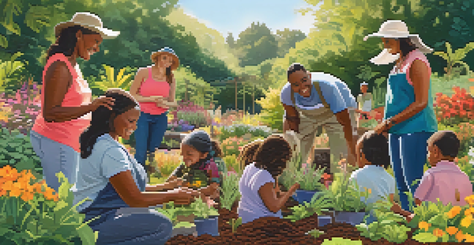 A lively community workshop with people planting flowers in a garden, showcasing diversity and teamwork in a natural setting.
