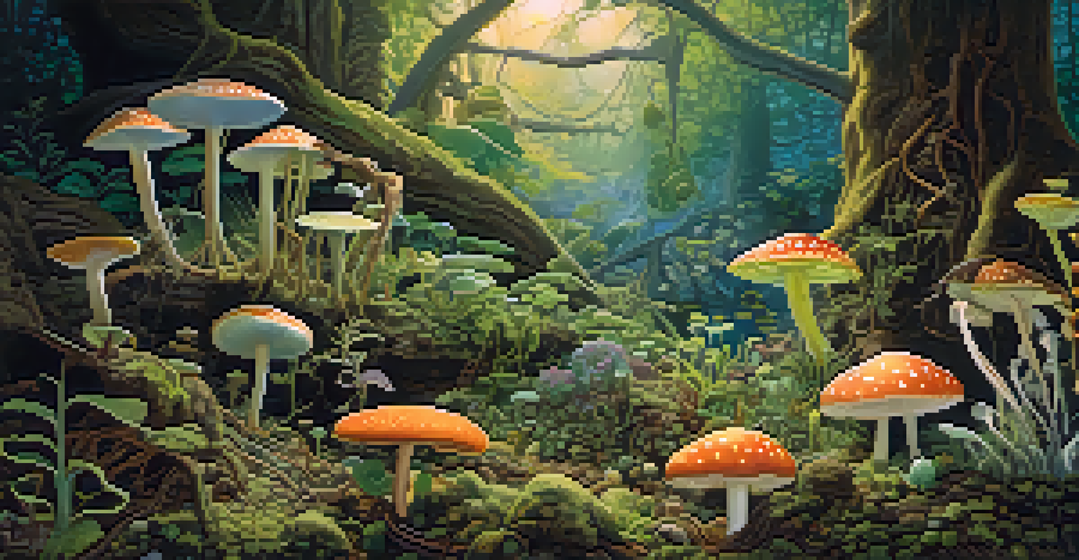 A thriving garden ecosystem showing diverse microorganisms and fungi interacting with plant roots in illuminated soil.