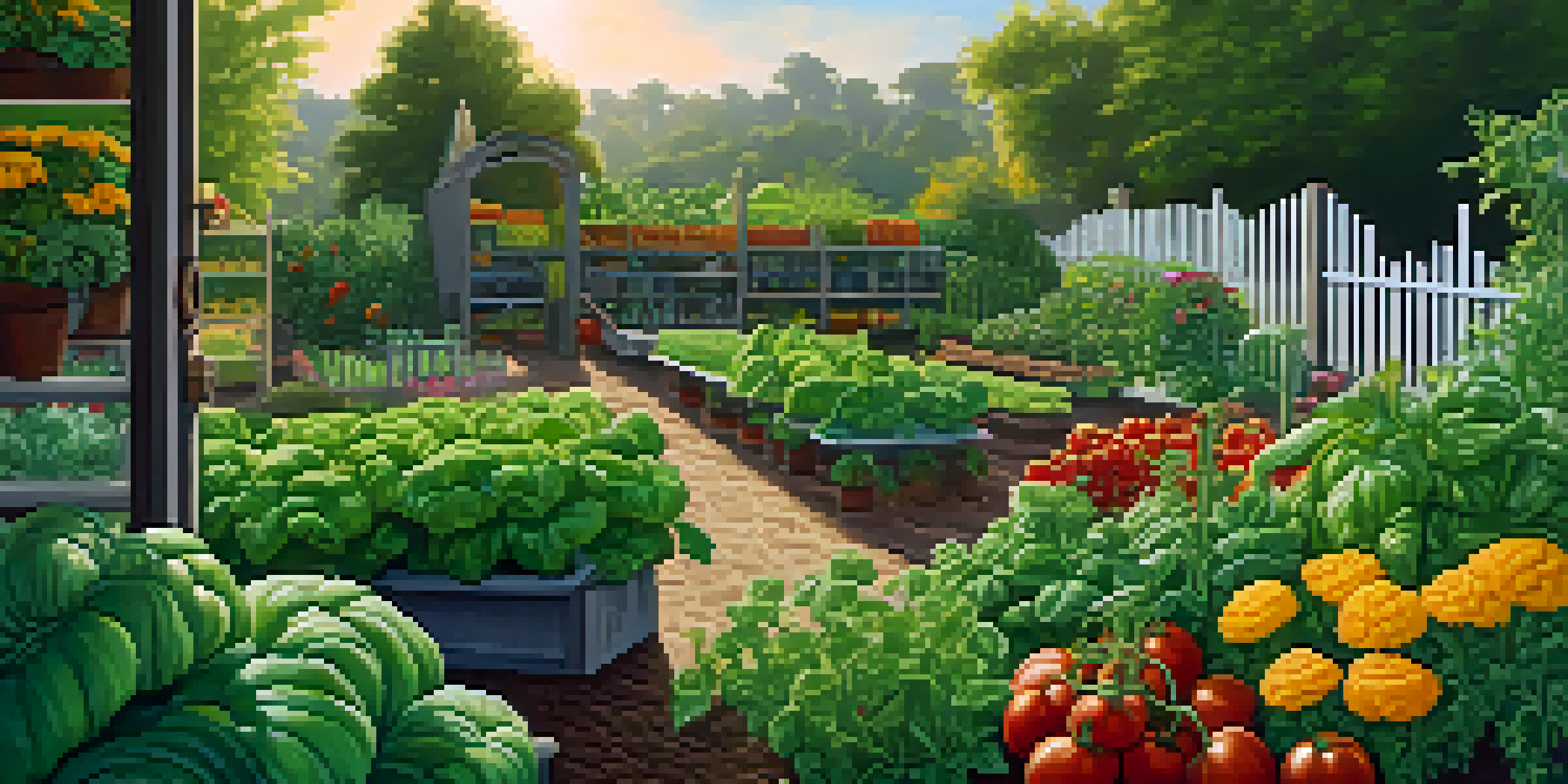 A vibrant vegetable garden with basil and tomatoes growing together, marigolds in between, and leafy greens in the background, all illuminated by soft afternoon sunlight.