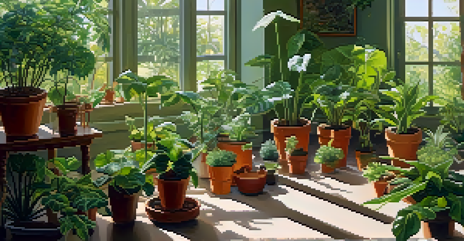 An indoor garden with a variety of plants, some healthy and some with yellowing leaves.