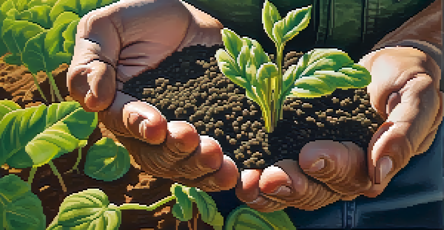Close-up of a farmer's hands holding rich soil with plant roots, illustrating the importance of soil health in crop rotation.