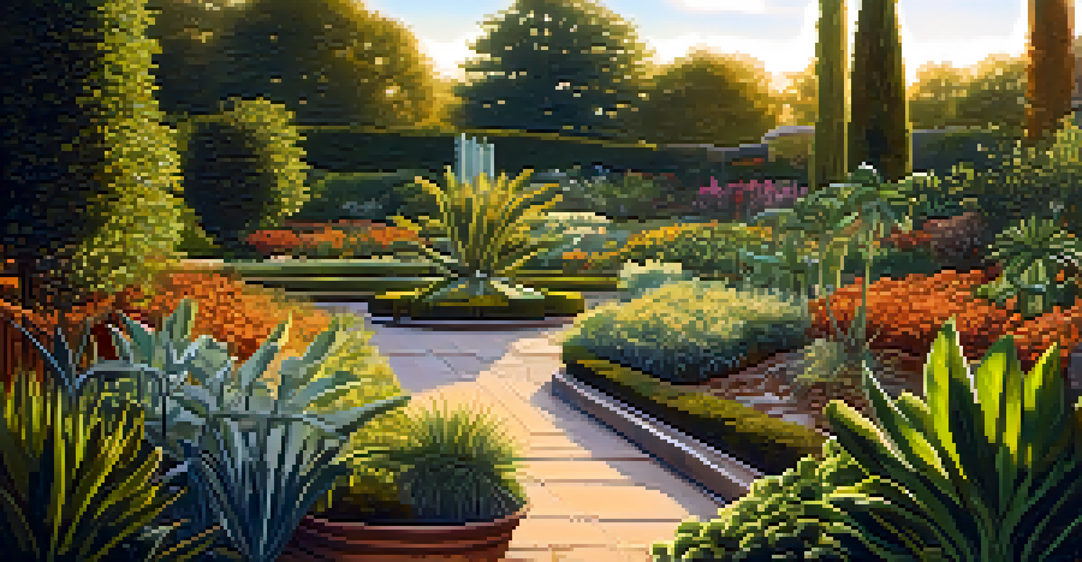 A serene garden with healthy ornamental plants and some showing early rust infection in golden hour light.