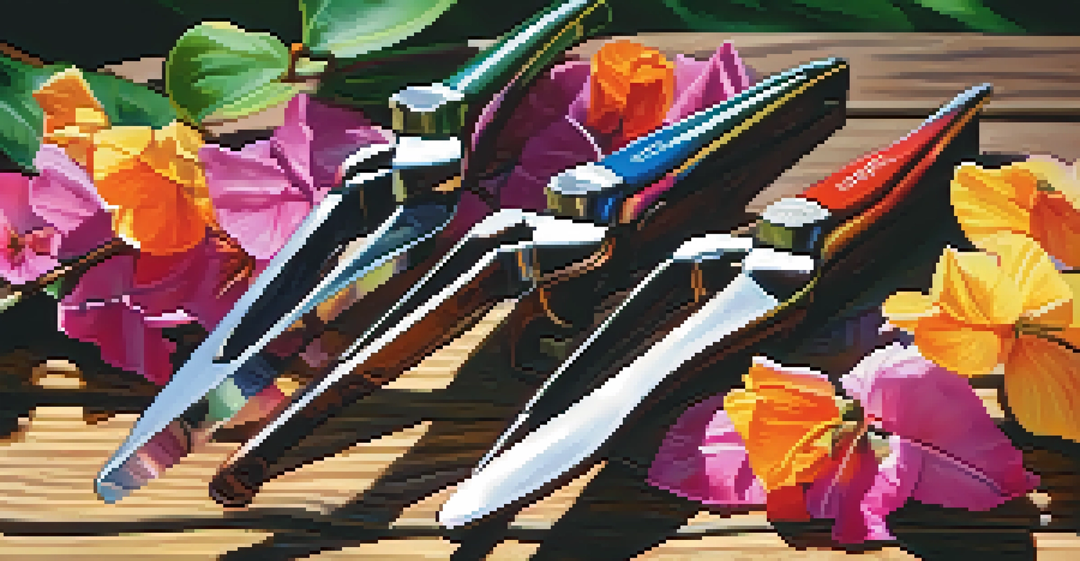 Close-up of pruning shears on a wooden table with cut branches and colorful petals.