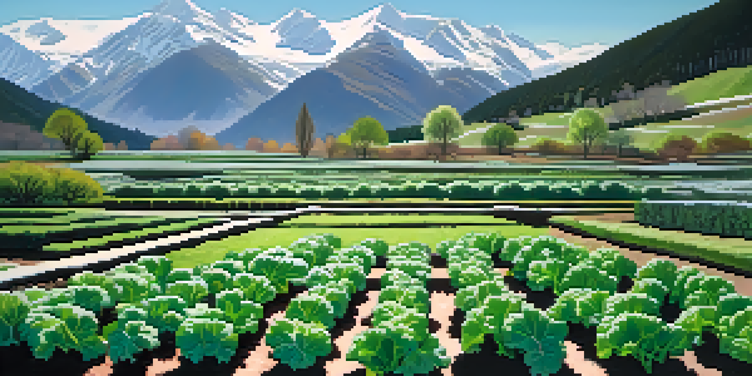 A peaceful garden in a cold climate with green kale and spinach under a row cover, against a backdrop of snowy mountains and a clear sky.